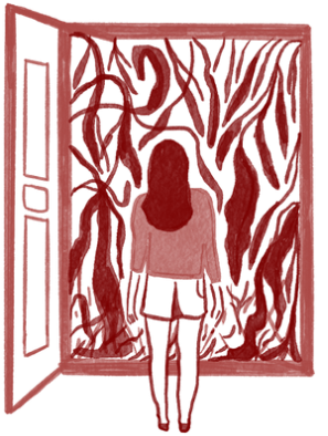 Ilustração — figura diante de uma porta aberta para a natureza